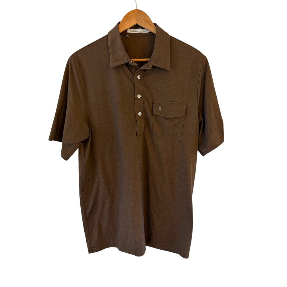 Criquet Polo Shirt Mens Size L Brown Pima Cotton Blend Stretch Pocket Logo Golf